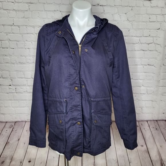 Miss London Black Label Navy Blue Hooded Jacket Size L - Picture 1 of 9